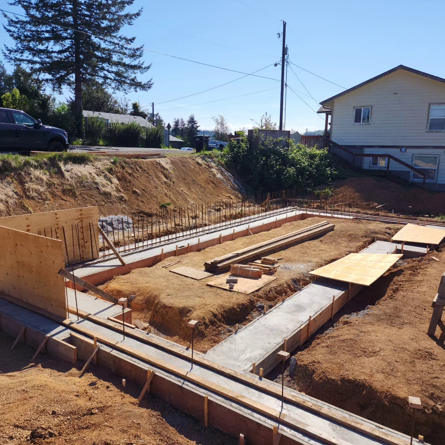 Concrete foundation forms and rebar for a new build